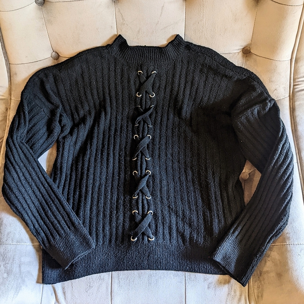 (MAKE OFFER) Lace Up Ribbed Sweater